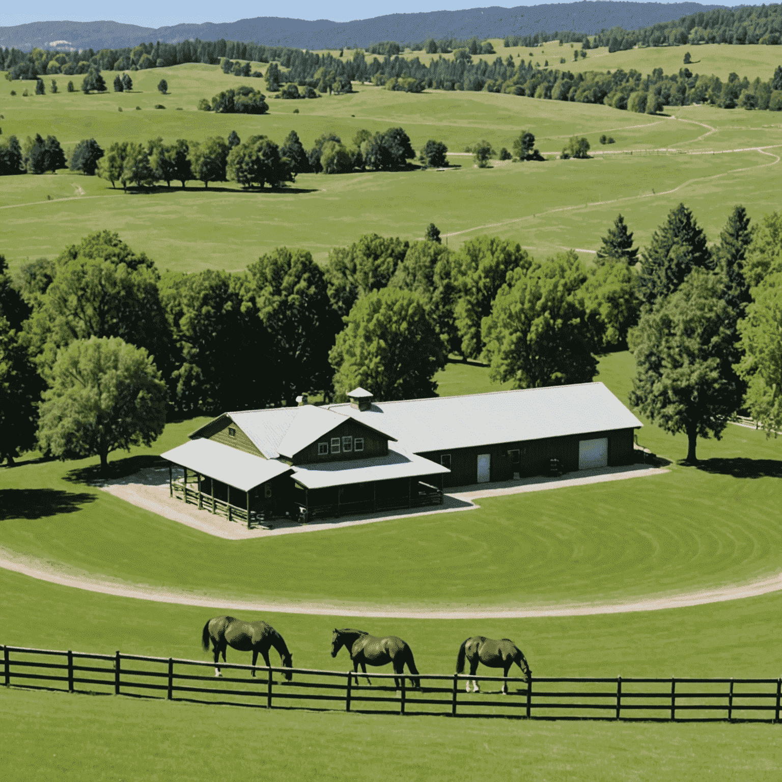 Heritage View Ranch grounds with well-maintained stables, fenced pastures, and horses grazing in a picturesque setting with rolling hills in the background. The ranch features modern equestrian facilities designed for proper horse care and training.