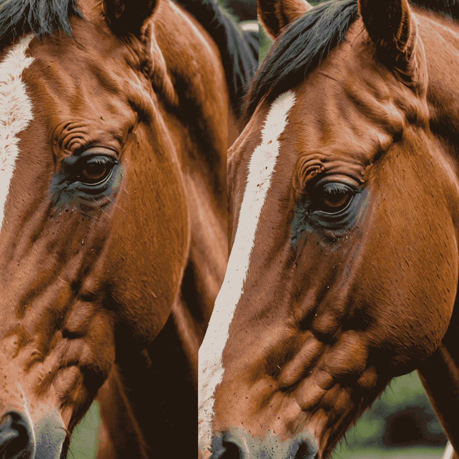 Close-up of a horse's coat showing healthy skin versus an area with dermatitis, demonstrating the contrast between normal and affected skin